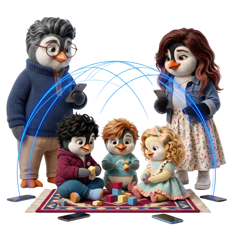 Família Pinguini: os pais no celular e as crianças brincando juntas no tapete